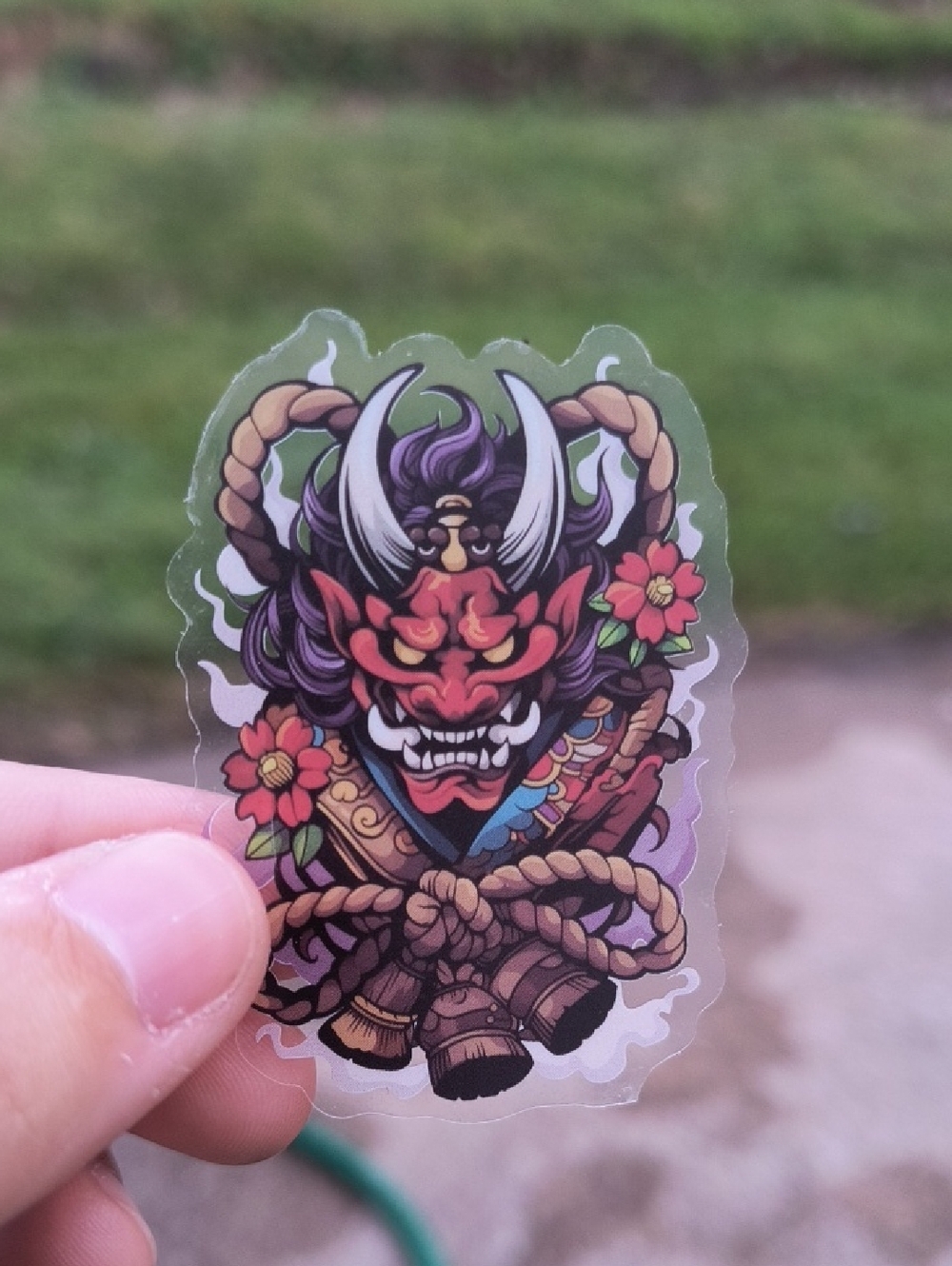 Decorative Oni Mask Vinyl Sticker - Purple & Red